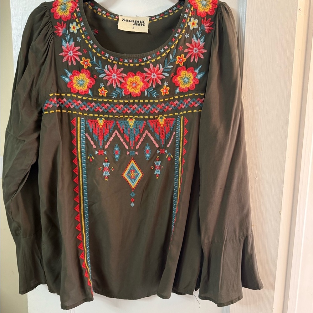 Savanna Jane Green Embellished Long Sleeve Blouse